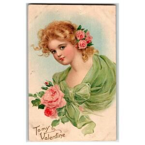 Frances Brundage Tuck's Valentine Postcard with Romantic Lady and Roses